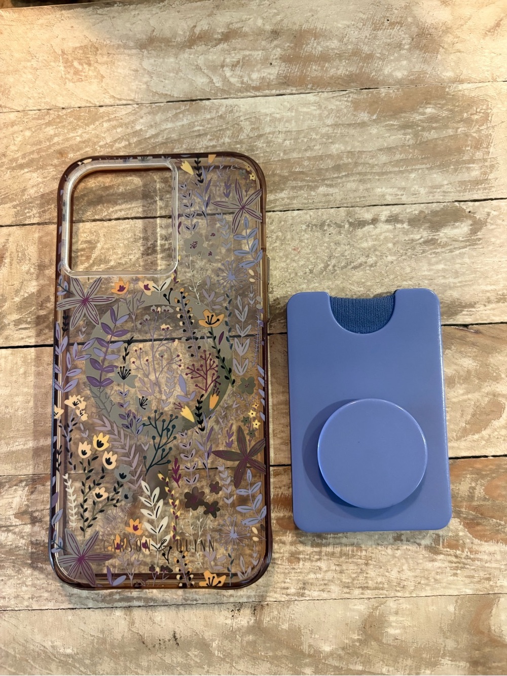 Purple Floral Clear Phone Case with Lilac Card Holder and Pop Grip